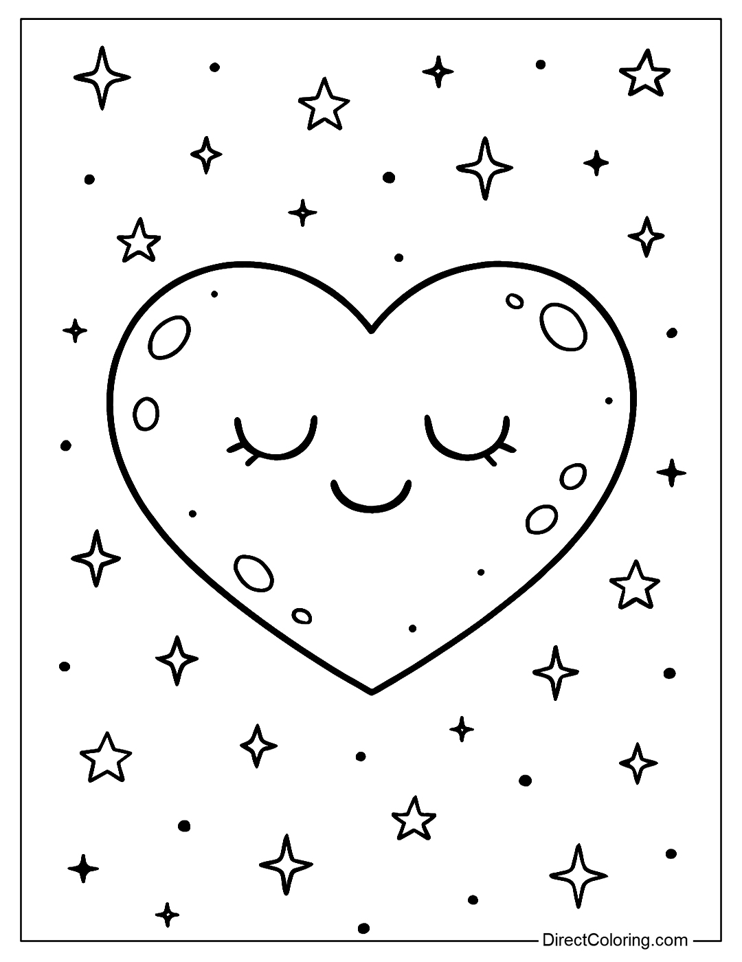 Coloring page of a glowing heart-shaped moon, the night sky is full of stars